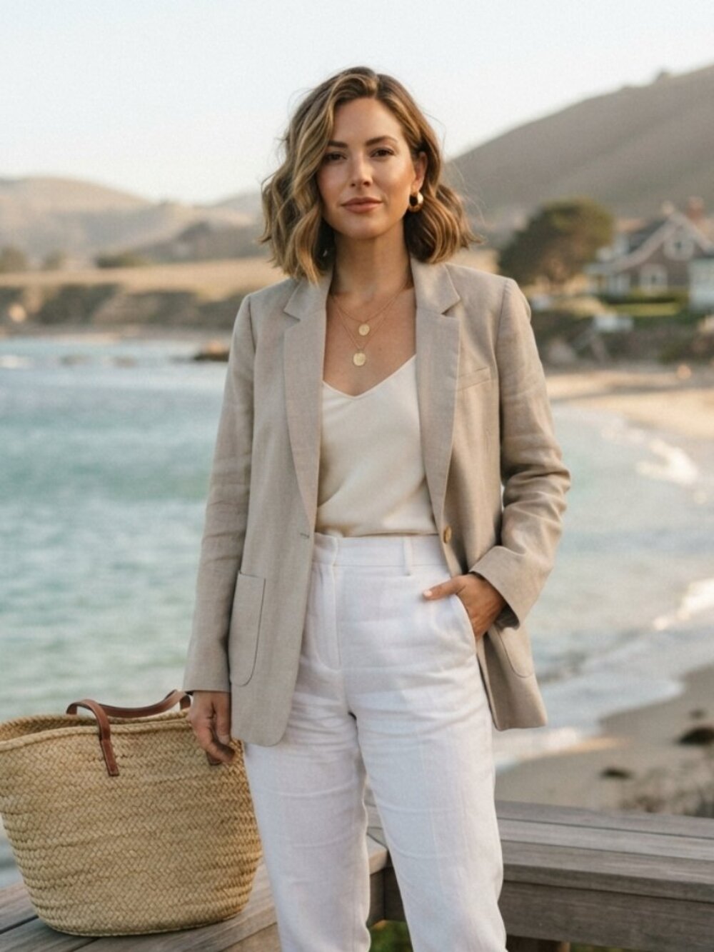 NWT Tuckernuck Carla Linen Blazer Size Large Neutral Tan Preppy Coastal Chic